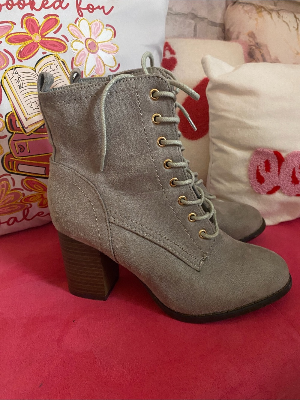 Gray suede high heel boots